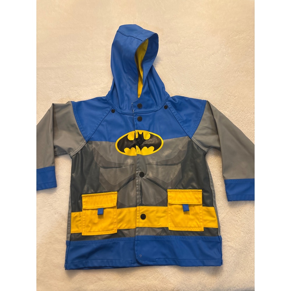 Western Chief Kids Batman Raincoat Blue Grey Yellow Hooded Rain Jacket 4T